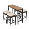 5-Piece Outdoor Acacia Wood Bar Height Table And Four Stools With Cushions, Garden PE Rattan Wicker Dining Table, Foldable Tabletop, High-Dining Bistr