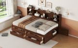 Full Size Wooden Captain Bed with Built-in Storage Shelves, 4 Drawers and 2 Cabinets, Antique Brown