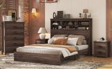 4-Pieces Bedroom Sets Queen Size Vintage Wooden Bed Frame with 2 Nightstands and 1 Dresser,Dark Walnut