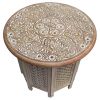 Mesh Cut Out Carved Mango Wood Octagonal Folding Table with Round Top, Antique White and Brown