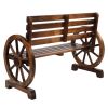 Rustic 2-Person Wooden Wagon Wheel Bench with Slatted Seat and Backrest, Brown