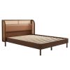 3 Pieces Modern Cannage Rattan Platform Queen Bed + Nightstand*2, Walnut