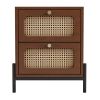 3 Pieces Modern Cannage Rattan Platform Queen Bed + Nightstand*2, Walnut