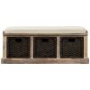 TREXM Rustic Storage Bench with 3 Removable Classic Rattan Basket , Entryway Bench with Removable Cushion (White Washed)