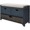 TREXM Storage Bench with Removable Basket and 2 Drawers, Fully Assembled Shoe Bench with Removable Cushion (Navy)