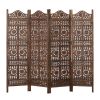 Hand Carved Sun And Moon Design Foldable 4 Panel Wooden Room Divider, Brown