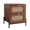 3 Pieces Modern Cannage Rattan Platform Queen Bed + Nightstand*2, Walnut