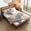 3 Pieces Modern Cannage Rattan Platform Queen Bed + Nightstand*2, Walnut