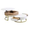 Modern Round Lift-top Nesting Coffee Tables with 2 Drawers White & Natural