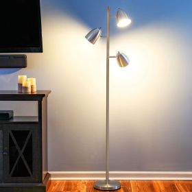 Black Tree Standing Floor Lamp Metal 3 Color Temperature Reading LED Bulb Light 360 Degree Adjustable Individual Separate Switch Living Room Bedroom O (Color: Silver)