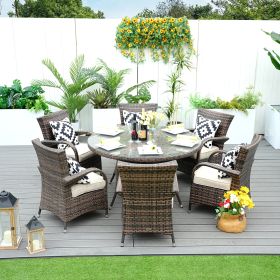 Direct Wicker 7-Piece Outdoor Rattan Furniture Dining Set with 6 Cushioned Armchair (Color: brown)