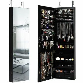 Wall and Door Mounted Mirrored Jewelry Cabinet with Lights (Color: Black)